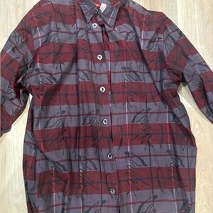 Red and Gray Casual Button Down Shirt with Horizontal Stripes